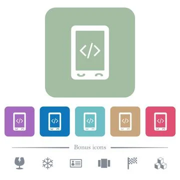 Mobile scripting flat icons on color rounded square backgrounds Stock Illustration