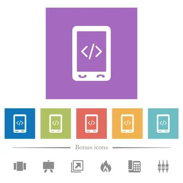 Mobile scripting flat white icons in square backgrounds Stock Illustration