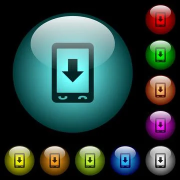 Mobile scroll down icons in color illuminated glass buttons Stock Illustration