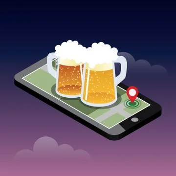 Mobile searching. Looking for bar. Isometric mobile and beer. Geo tracking. Map Stock Illustration