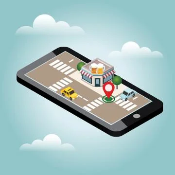 Mobile searching. Looking for bar. Isometric mobile and beer. Geo tracking. Map Stock Illustration