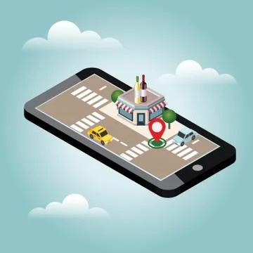 Mobile searching. Looking for bar or wine shop. Isometric mobile red and white Illustrazione stock