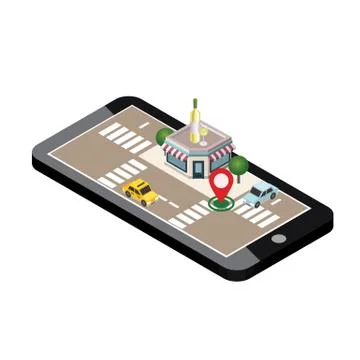 Mobile searching. Looking for bar or wine shop. Isometric mobile and white wine Stock Illustration