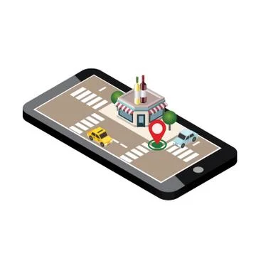 Mobile searching. Looking for bar or wine shop. Isometric mobile red and white Stock Illustration