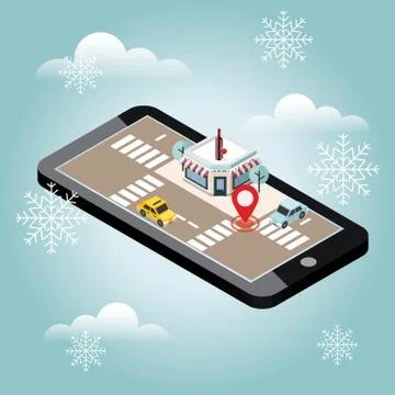 Mobile searching. Looking for bar or wine shop. Snow winter day. Waiting for a Stock Illustration