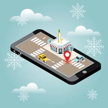 Mobile searching. Looking for bar or wine shop. Snow winter day. Waiting for a Stock Illustration