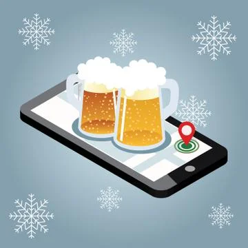 Mobile searching. Looking for bar in winter. Isometric mobile and beer. Geo Stock Illustration