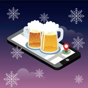 Mobile searching. Looking for bar in winter. Isometric mobile and beer. Geo Stock Illustration