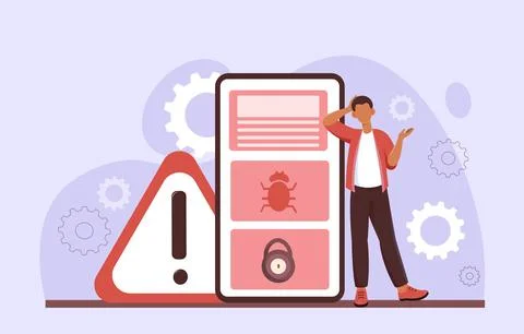 Mobile security alert and confused man. Vector illustration Stock Illustration