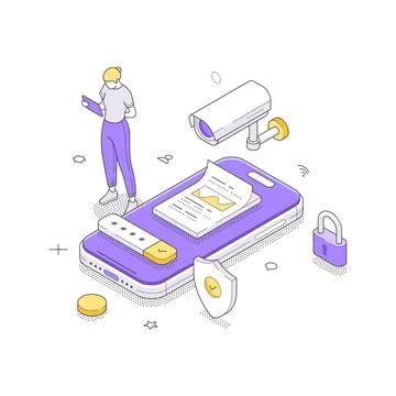 Mobile security and data protection technology isometric vector illustration. Stock Illustration