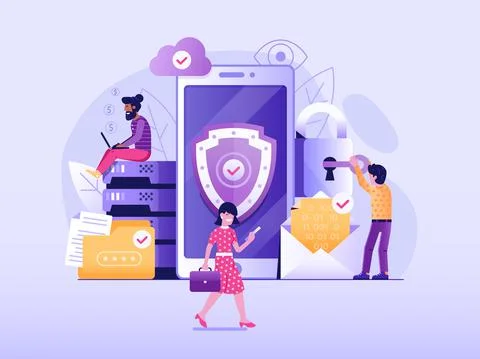 Mobile Security and Firewall Protection Flat Scene Stock Illustration