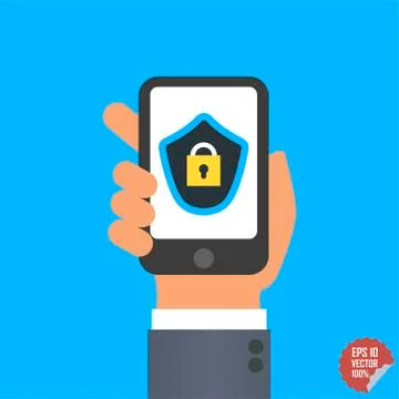 Mobile security app on smartphone screen. User touch screen. Flat design vect Stock Illustration