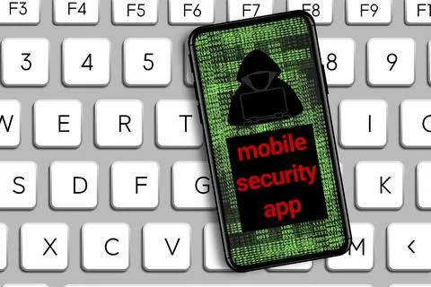 Mobile security app word and Hacker icon in mobile phone with digital code nu Stock Illustration