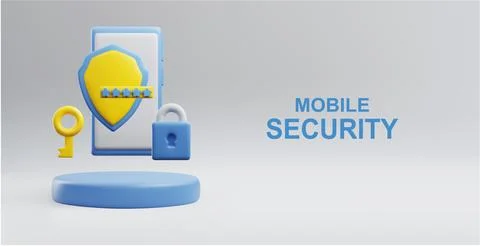Mobile security concept banner with space for text, cartoon 3d elements, vector Stock Illustration