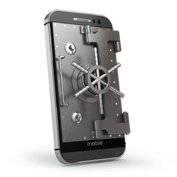 Mobile security concept. Smartphone or cellphone with vault or safe door. Ilustración de archivo