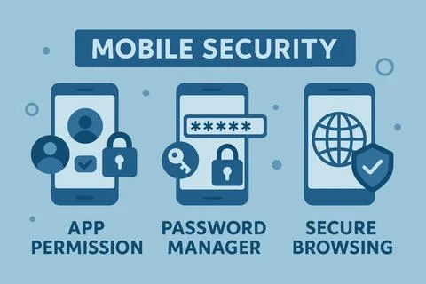 Mobile security concepts app permission password manager secure browsing Stock Illustration