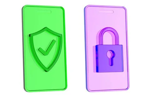 Mobile security icons, smartphone with shield check and padlock. 3D rendering Stock Illustration