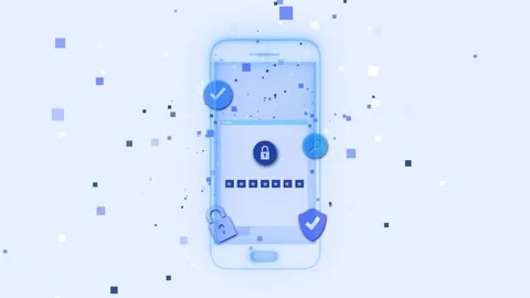 Mobile security login interface blue phone screen, lock icons, check marks, pass Stock Footage 340413429