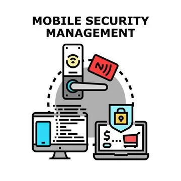 Mobile security management protecting digital and physical assets concept Stock Illustration