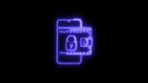 Mobile security neon style animation showing locked smartphone with wallet .. Stock Footage 314542613