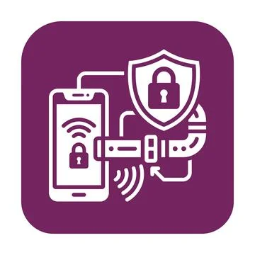 Mobile security shield purple icon representing encrypted network data conn.. Stock Illustration