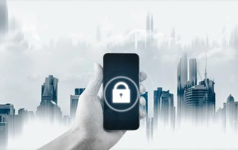 Mobile security system . Hand holding mobile smart phone with lock icon Stock Photos