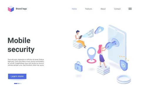 Mobile security technology isometric landing page, service for privacy data Stock Illustration