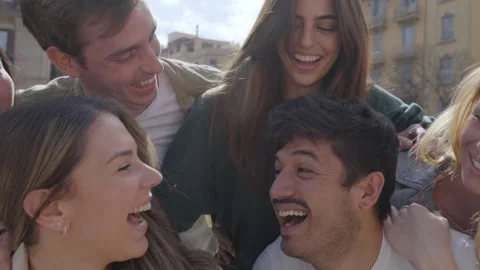 Mobile selfie of group young multi-ethnic friends having fun together outdoors Video stock 247963444