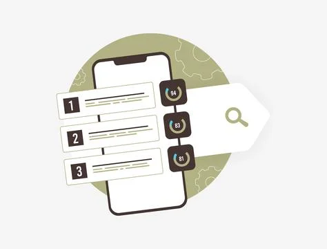 Mobile SEO vector illustration. Smartphone search optimization with top ranking Stock Illustration