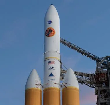 The Mobile Service Tower is rolled back to reveal the United Launch Allianc.. Stock Photos