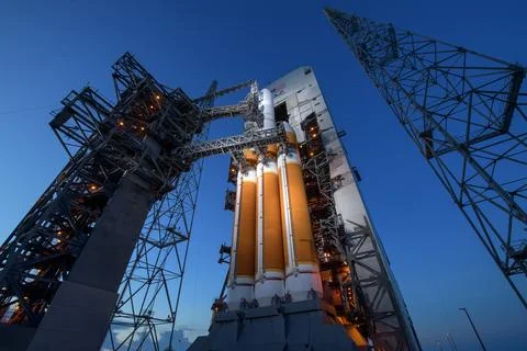 The Mobile Service Tower is rolled back to reveal the United Launch Allianc.. Stock Photos