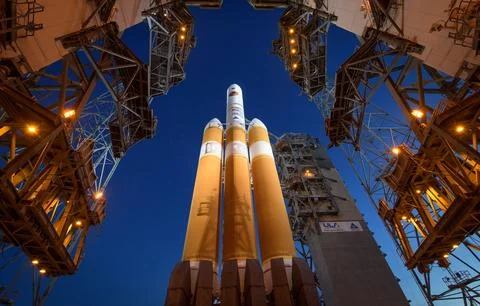 The Mobile Service Tower is rolled back to reveal the United Launch Allianc.. Stock Photos