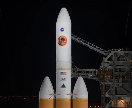 The Mobile Service Tower is rolled back to reveal the United Launch Allianc.. Stock Photos