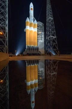 The Mobile Service Tower is rolled back to reveal the United Launch Allianc.. Stock Photos
