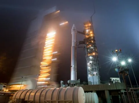 The mobile service tower at SLC-3 is rolled back to reveal the United Laun... Stock Photos