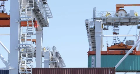 Mobile Shipping Container Cranes Cross Over While Loading Video stock 129227372