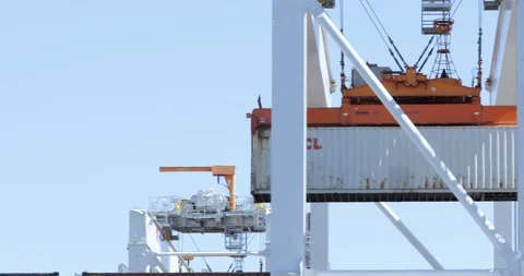 Mobile Shipping Container Cranes Cross Towards Loading Stock Footage 129229559
