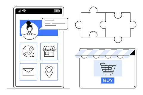Mobile Shopping App Interface with Contact Options, Puzzle Pieces, and Onli.. Stockillustratie