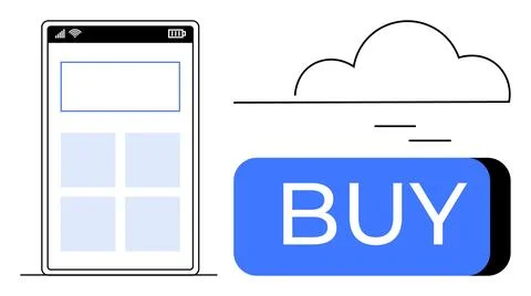 Mobile shopping app interface with prominent BUY button and cloud icon in m.. Ilustração Stock