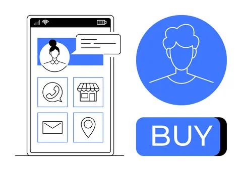 Mobile Shopping App Interface with User Profile, Contact Icons, and Purchas.. Stock Illustration