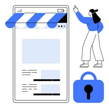 Mobile Shopping App with Security and User Interaction Elements in Modern M.. 스톡 일러스트