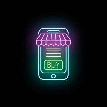 Mobile shopping app on smartphone screen with neon effect Stock Illustration