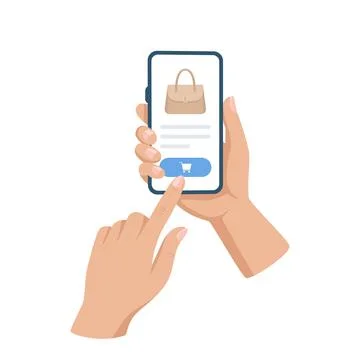 Mobile Shopping App, Vector Illustration. Hand Using Smartphone to Buy Hand.. Stock Illustration