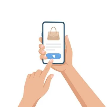 Mobile Shopping App, Vector Illustration. Hand Using Smartphone to Buy Hand.. Stock Illustration