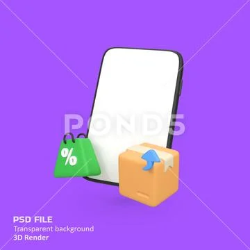 Mobile Shopping with Delivery Boxes and Shopping Bag isolated 3d render ico.. PSD Template