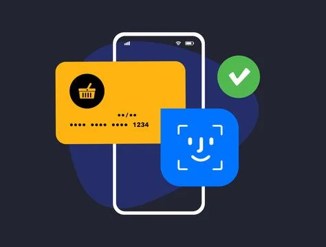 Mobile Shopping Payment with biometric authentication. M-Commerce Contactless Stock Illustration