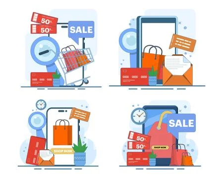 Mobile shopping set featuring smartphone e-commerce, special discounts. Stock Illustration