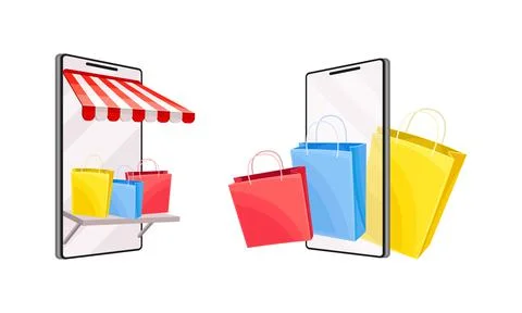 Mobile shopping with smartphone app set. Online store, electronic commerce Ilustración de archivo