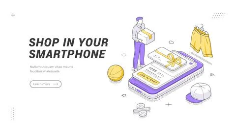 Mobile Shopping In Smartphone Isometric Vector Illustration Banner Template.. Stock Illustration