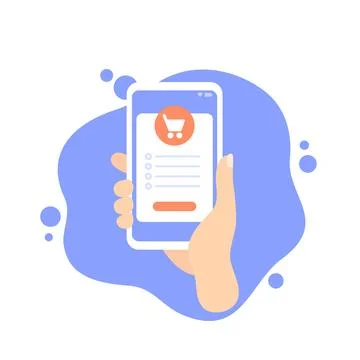 Mobile shopping vector icon, smart phone in hand Illustrazione stock